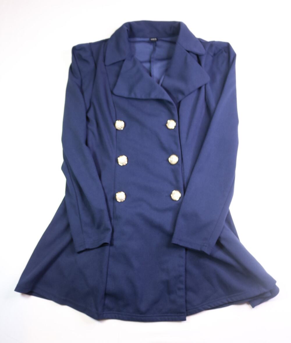 Shein Navy Blue Double Breasted Blazer Jacket Coat Gold Button Puffed Shoulder M